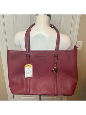 Michael Kors Burgundy Large Saffino Leather Jet Set Travel Tote Purse